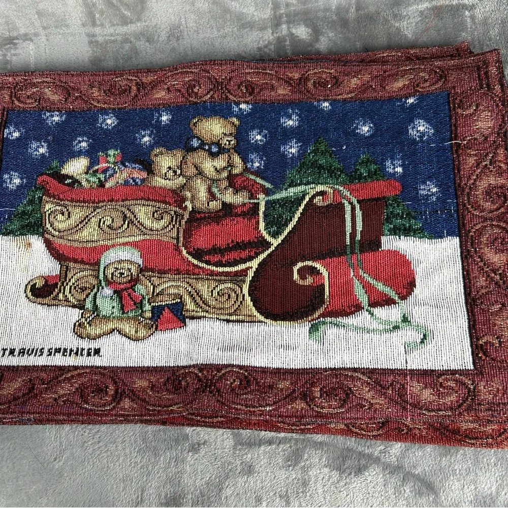 VTG Travis Spencer Tapestry Placemats Christmas Holiday Sleigh Bears Set of‎ 6